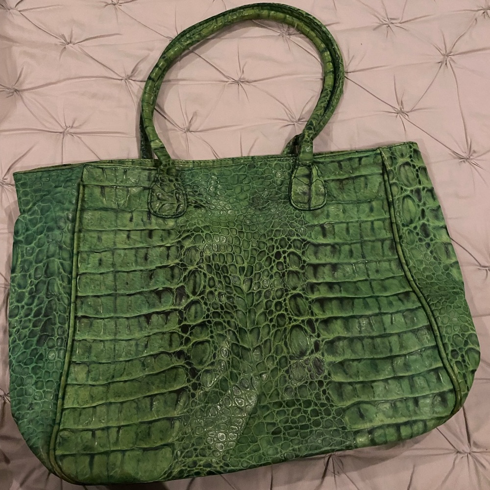 SNAKE PRINT LEATHER GREEN TOTE BAG